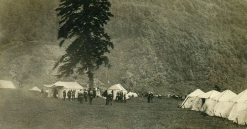 Фотография, сделанная в лагере русских войск в Кбаада (ныне Красная Поляна) 21 мая 1864 года.  Здесь состоялся парад русских войск, символизирующей окончание Кавказской войны. В Кбааде росли священные для черкесов пихты. Фото https://commons.wikimedia.org