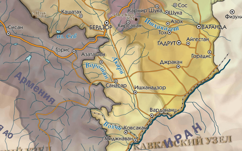 Бердзор (азербайджанское название - Лачин), Санасар (Губадлы) и Ковсакан (Зангилан) на карте Нагорного Карабаха и его "зоны безопасности". https://www.svobodu.online/articles/354792/