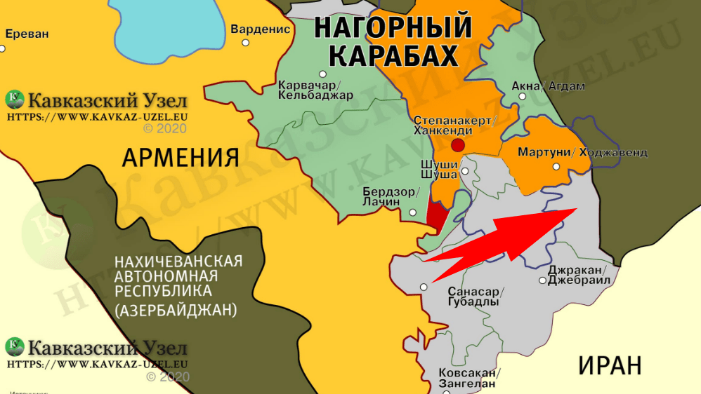 Стрелкой указана часть Физулинского района Азерббайджана, входившая в состав Гадрутского района Нагорного Карабаха и перешедшая под контроль Баку осенью 2020 года. Фрагмент карты https://www.svobodu.online/articles/356336/