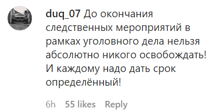 Скриншот комментария к публикации о продлении ареста обвиняемым по делу о финансовой пирамиде, https://www.instagram.com/p/CKlL2qfnZmz/