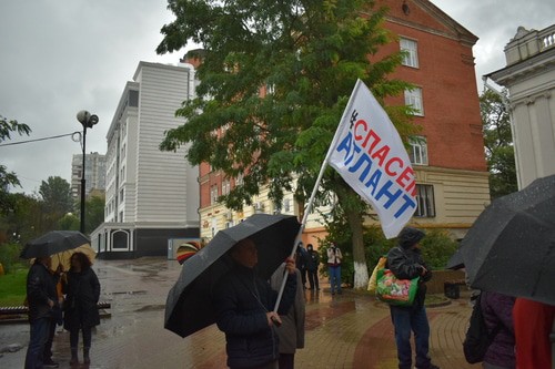 Мужчина с флагом в поддержку закрытого рынка "Атлант" в Ростовской области. Фото Константина Волгина для "Кавказского узла".